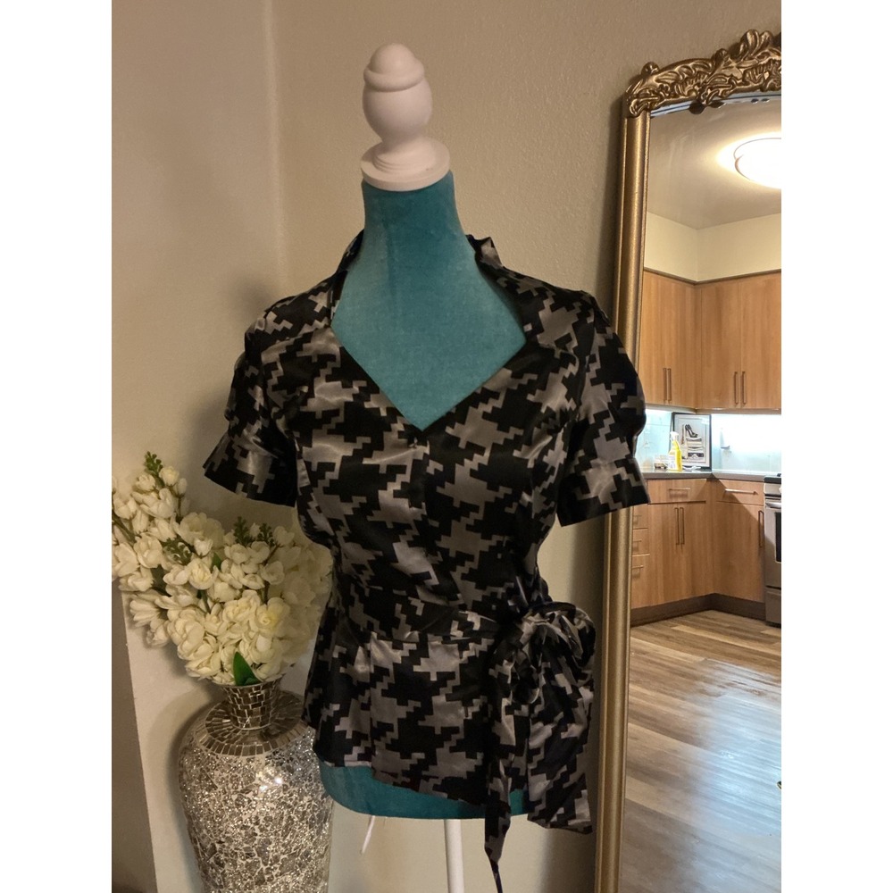 Black Silver Pixel Houndstooth Satin Wrap Top Portrait Collar Puff Sleeve Blouse